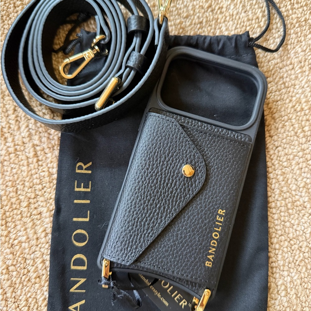Bandolier NWT Black Pebbled Authentic Leather Phone case Crossbody strap 17 pro